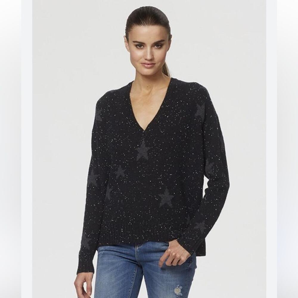 360 Cashmere Leilani Star Print Oversized V-Neck Knit Sweater Black Gray XS